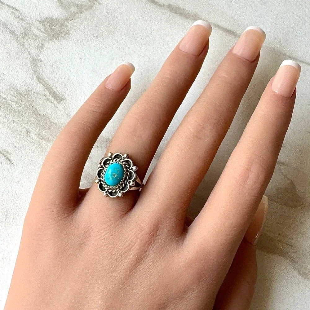 Navajo Flower Ring Turquoise Sz 7 Sterling Silver Signed Morgan Native Amer